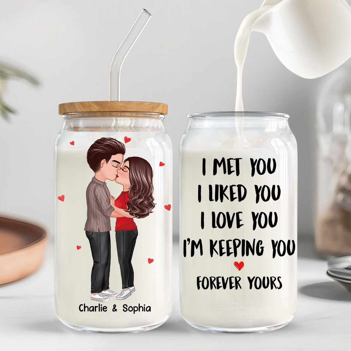 Couple Kissing I Met You Personalized Clear Glass Can