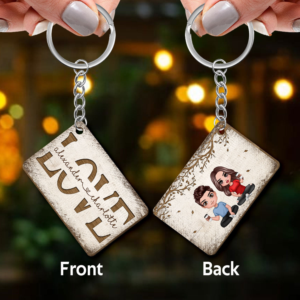 Couple Love Wooden Tree Cut Through Personalized Wooden Keychain