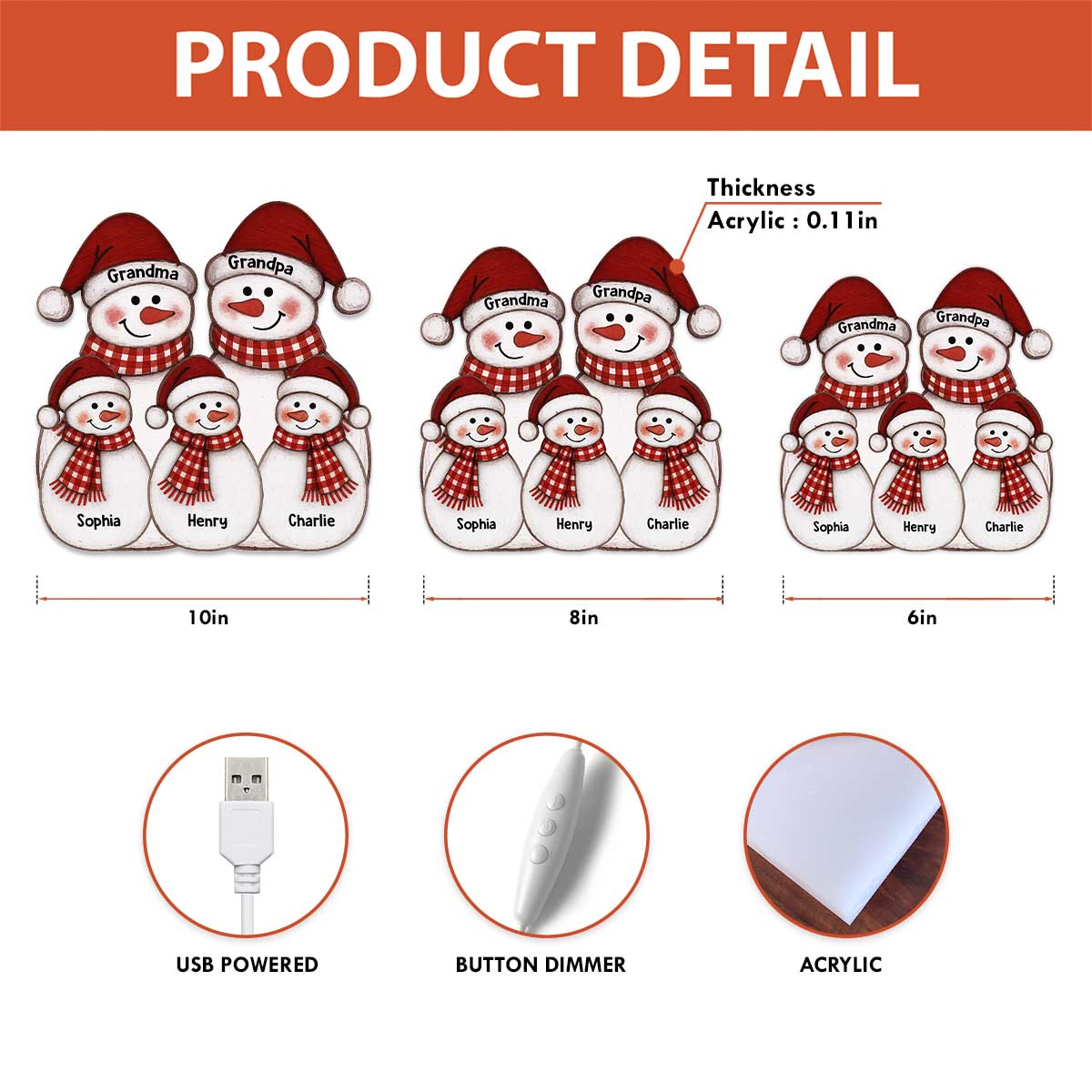 Folk Art Cute Snowman Grandma Grandpa & Grandkid - Personalized Light Box - Christmas Decor For Grandparents
