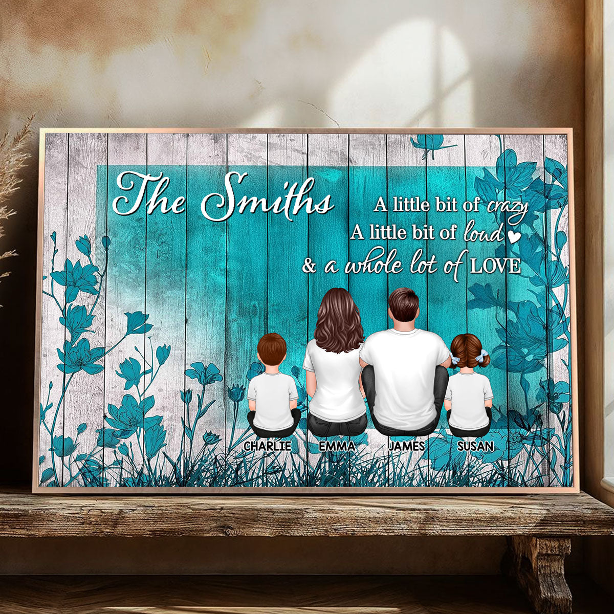 Teal Flower Family Sitting Personalized Poster