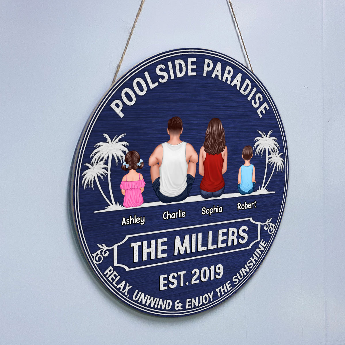 Poolside Paradise Back View Summer Sitting Family Couple Personalized Round Pool Sign