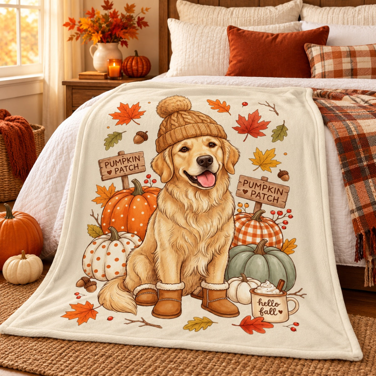 Custom Dog Photo Pumpkin Patch - Personalized Fleece Blanket - Fall Gift for Dog Moms, Cat Moms, Pet Lovers