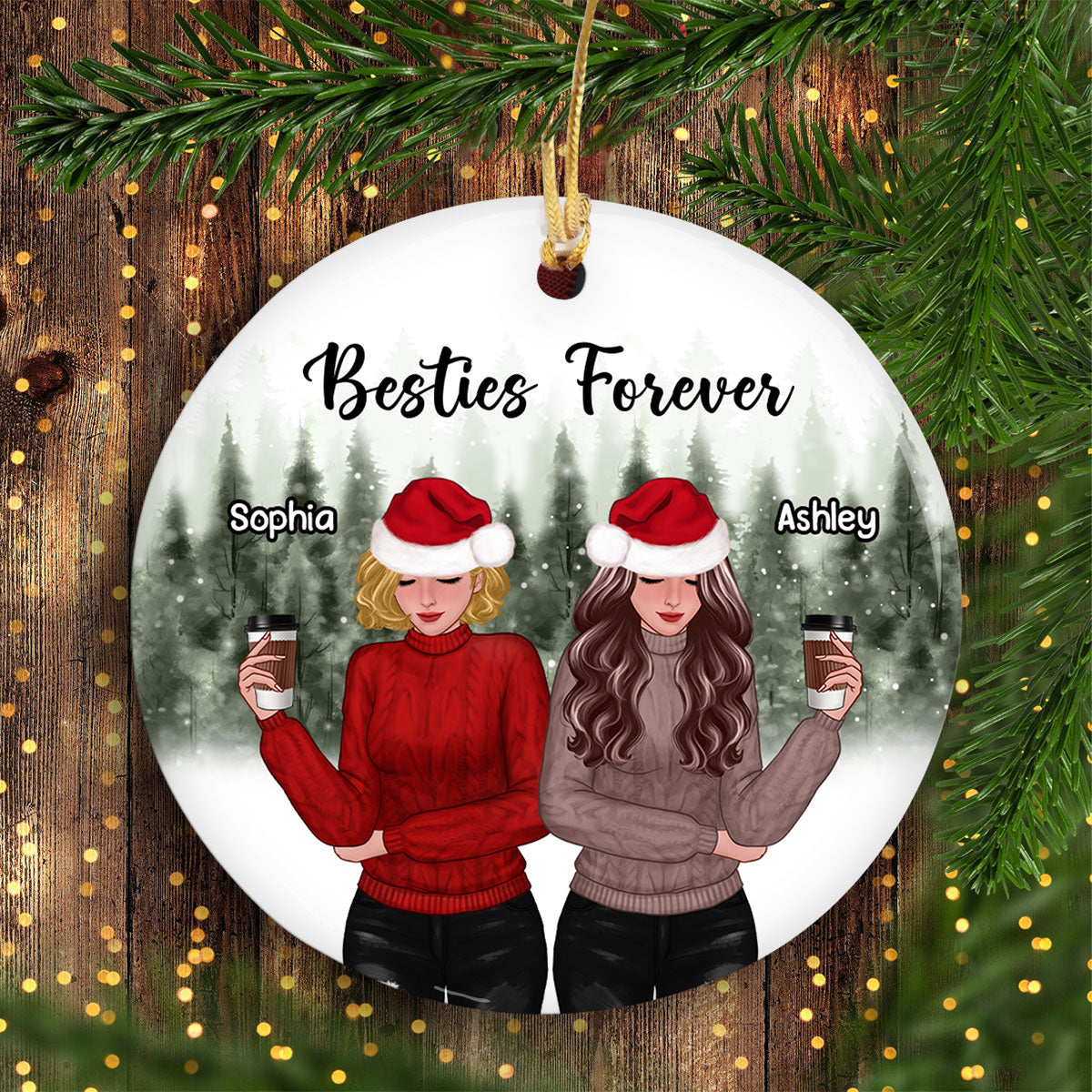 Snowy Pine Tree Forest Front View Christmas Besties Personalized Circle Ornament