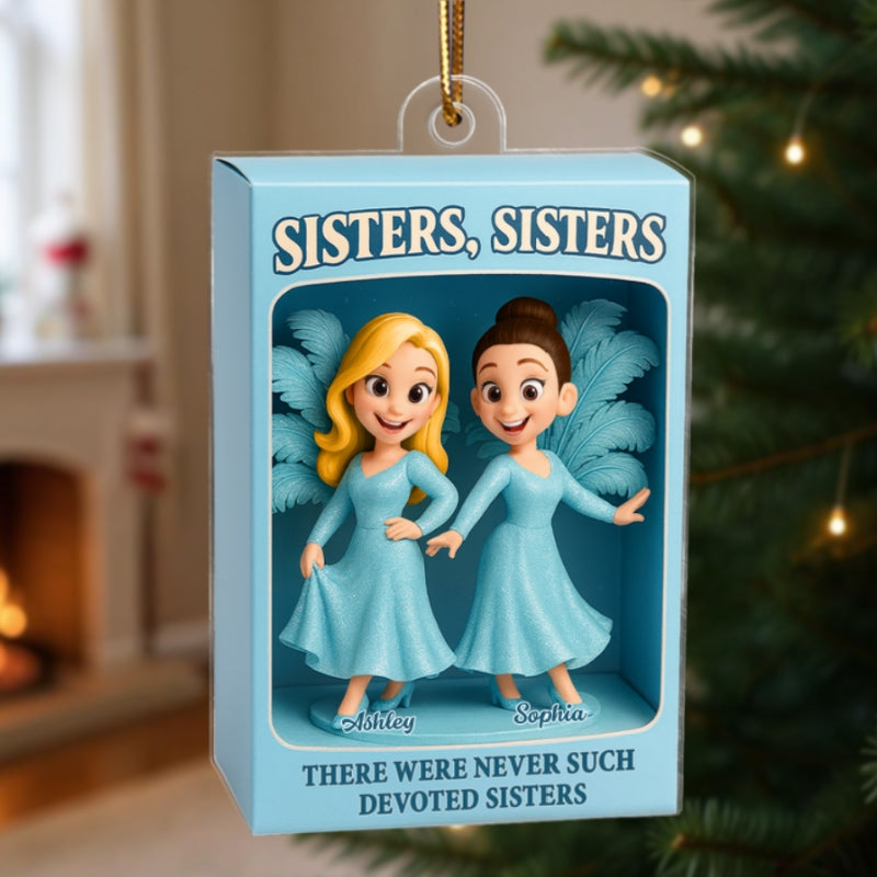 Sisters Besties in Blue Dress Custom Name Toy Box Figure Style Personalized Acrylic Ornament