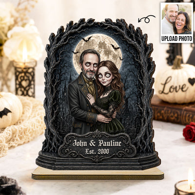 Halloween Custom Photo Illustration Gothic Couple - Personalized 2-Layered Wooden Plaque - Halloween Gift For Couple