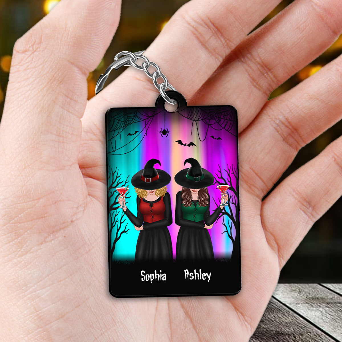 Aurora Halloween Front View Besties Witches Gift For Best Friends Personalized Acrylic Keychain