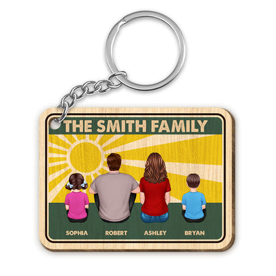 Family Back View Sitting Retro Palette Personalized Wooden Keychain