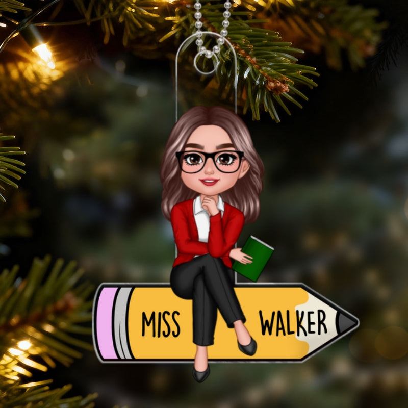 Doll Teacher Sitting On Pencil Personalized Car Ornament, Back To School Gift For Teacher