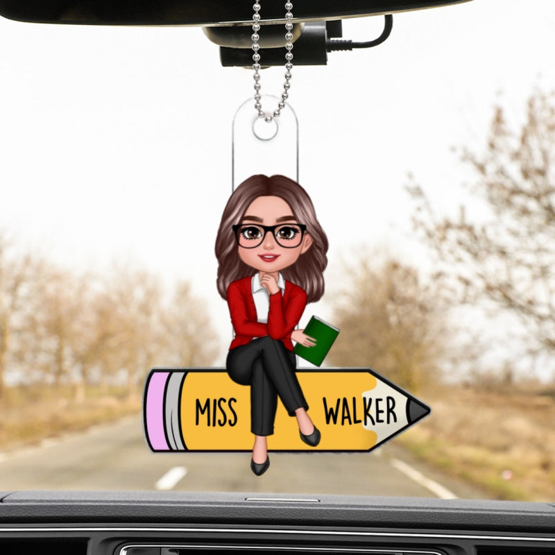 Doll Teacher Sitting On Pencil Personalized Car Ornament, Back To School Gift For Teacher