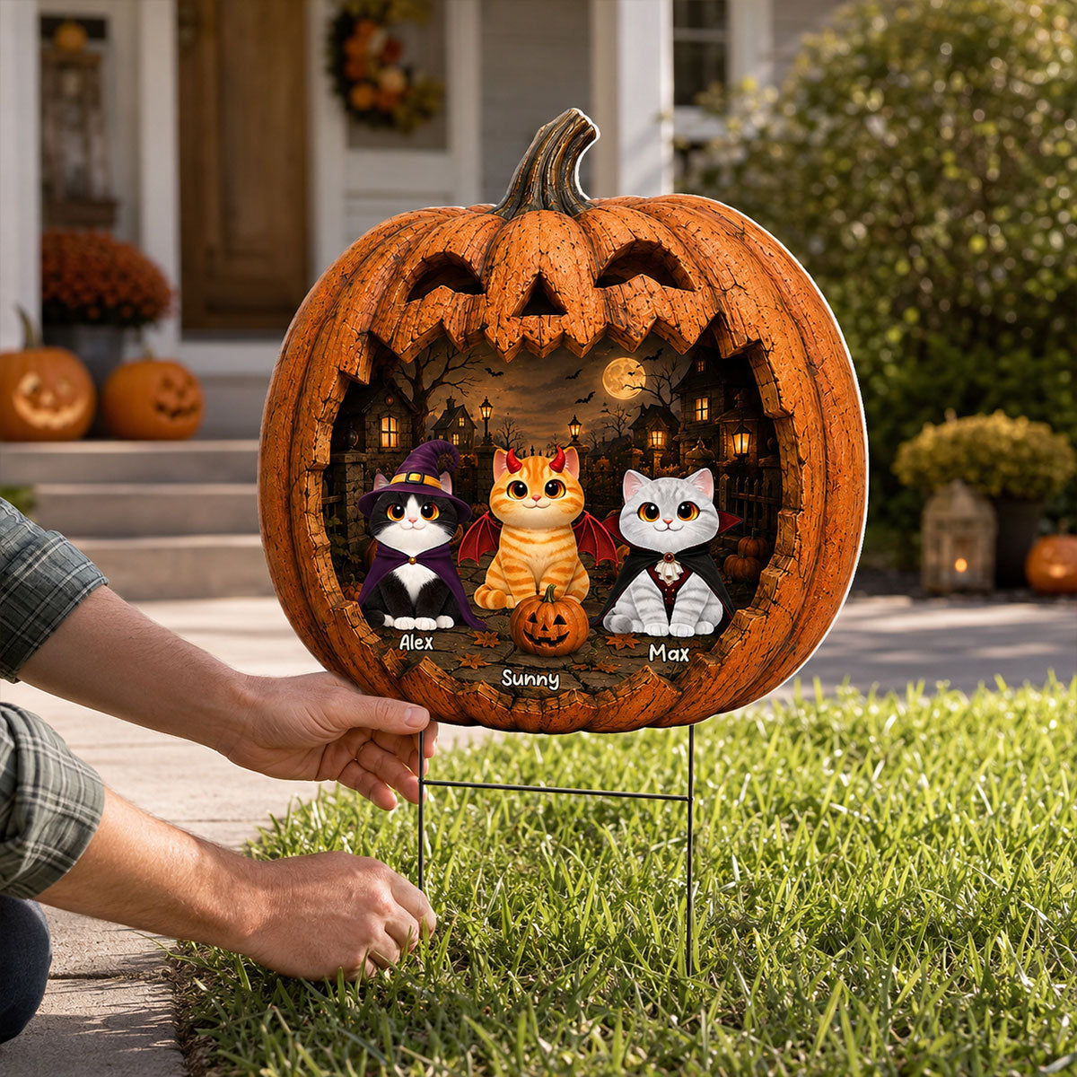 Spooky Halloween Pumpkin Cats - Personalized Yard Sign - Halloween Decor For Cat Lovers
