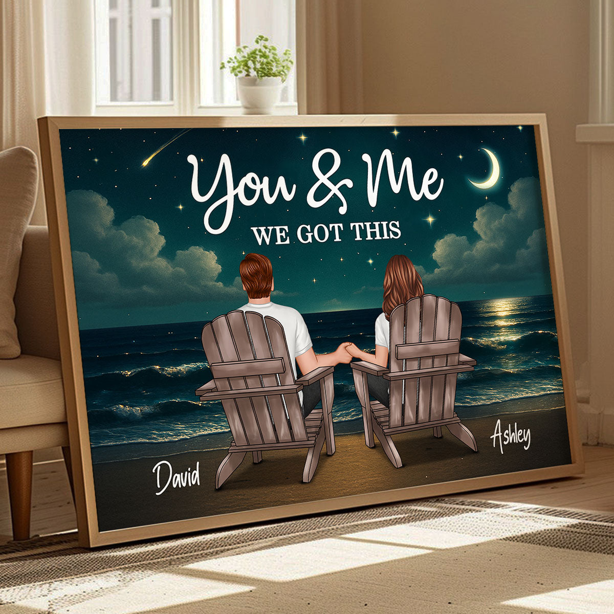 Night Beach Landscape Couple Sitting Back View Personalized Poster