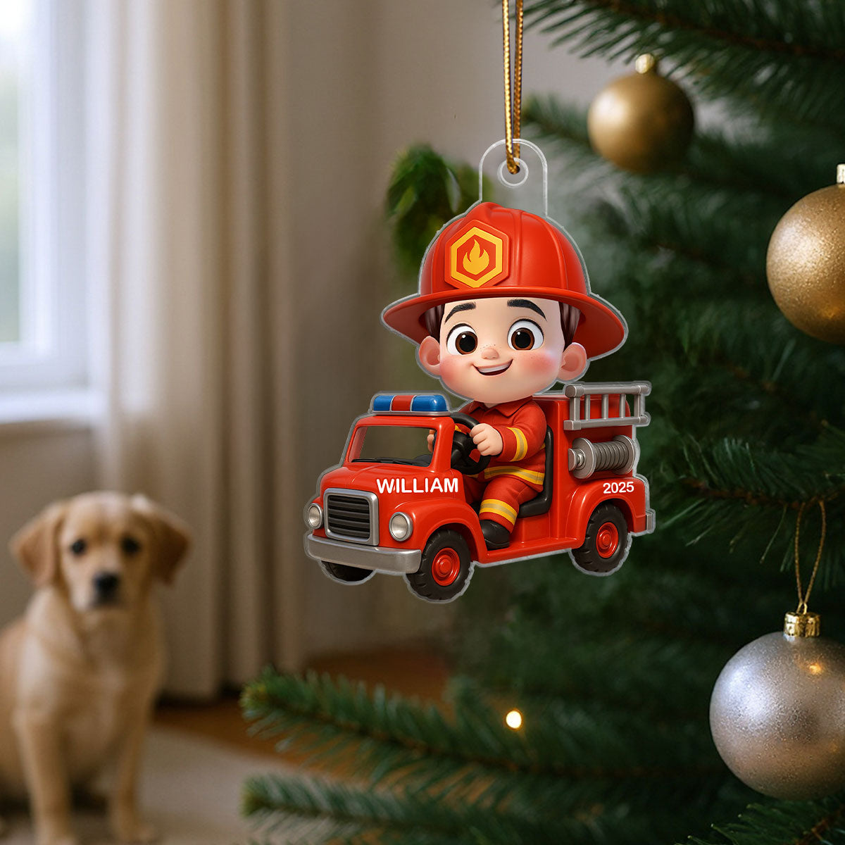 3D Effect Little Kid Boy Dream Job Firefighter Christmas Personalized Acrylic Ornament