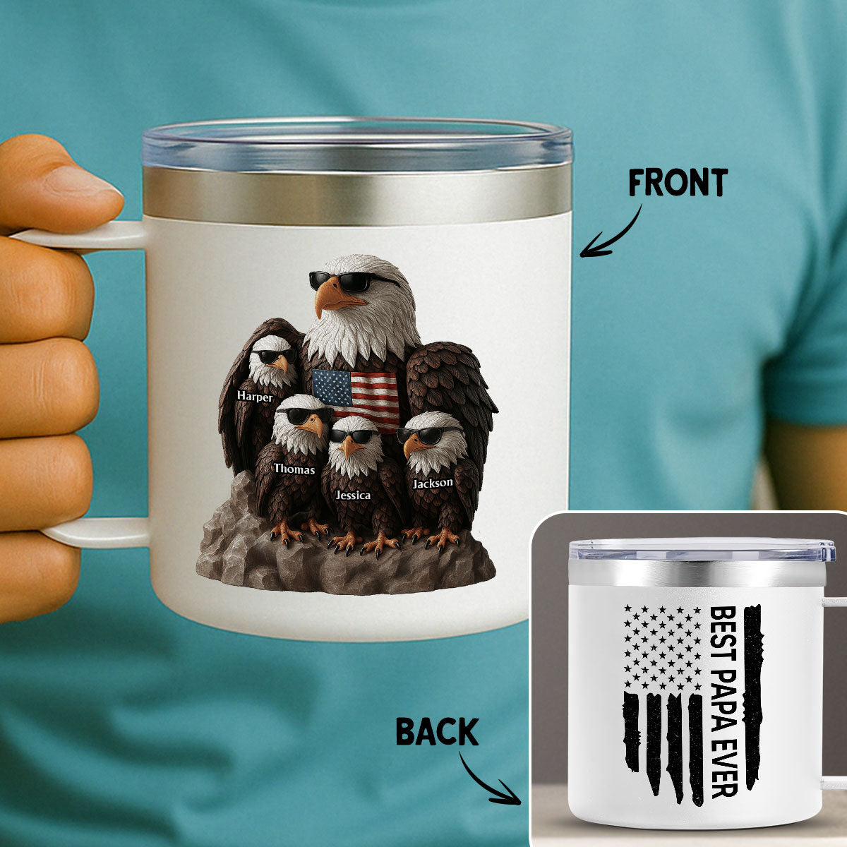 Patriotic Eagle Grandpa Dad & Kids 3D Effect Personalized Stainless Steel Tumbler With Handle