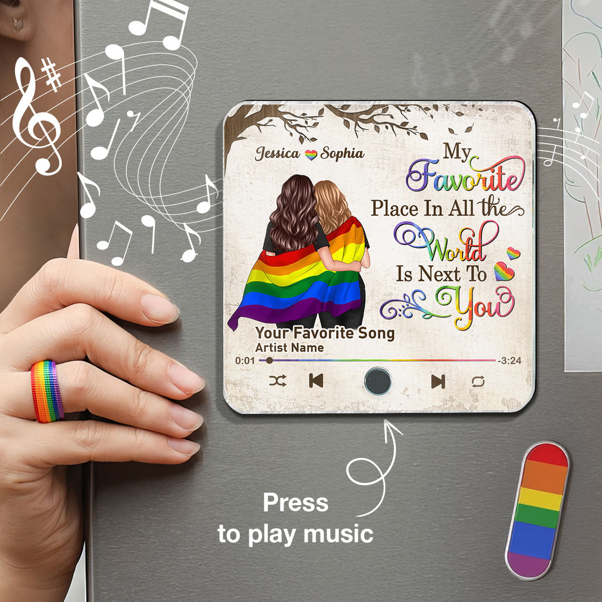 Favorite Place In The World LGBT Couple Standing Back View Personalized Music Fridge Magnet