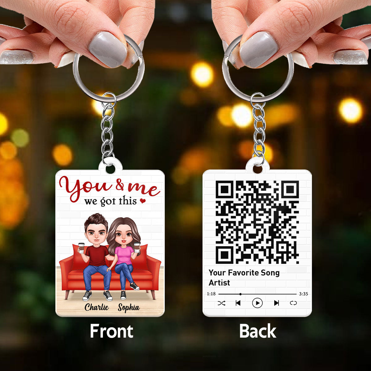 Realistic Doll Couple On Sofa Favorite Song Scannable QR Code Personalized Acrylic Keychain