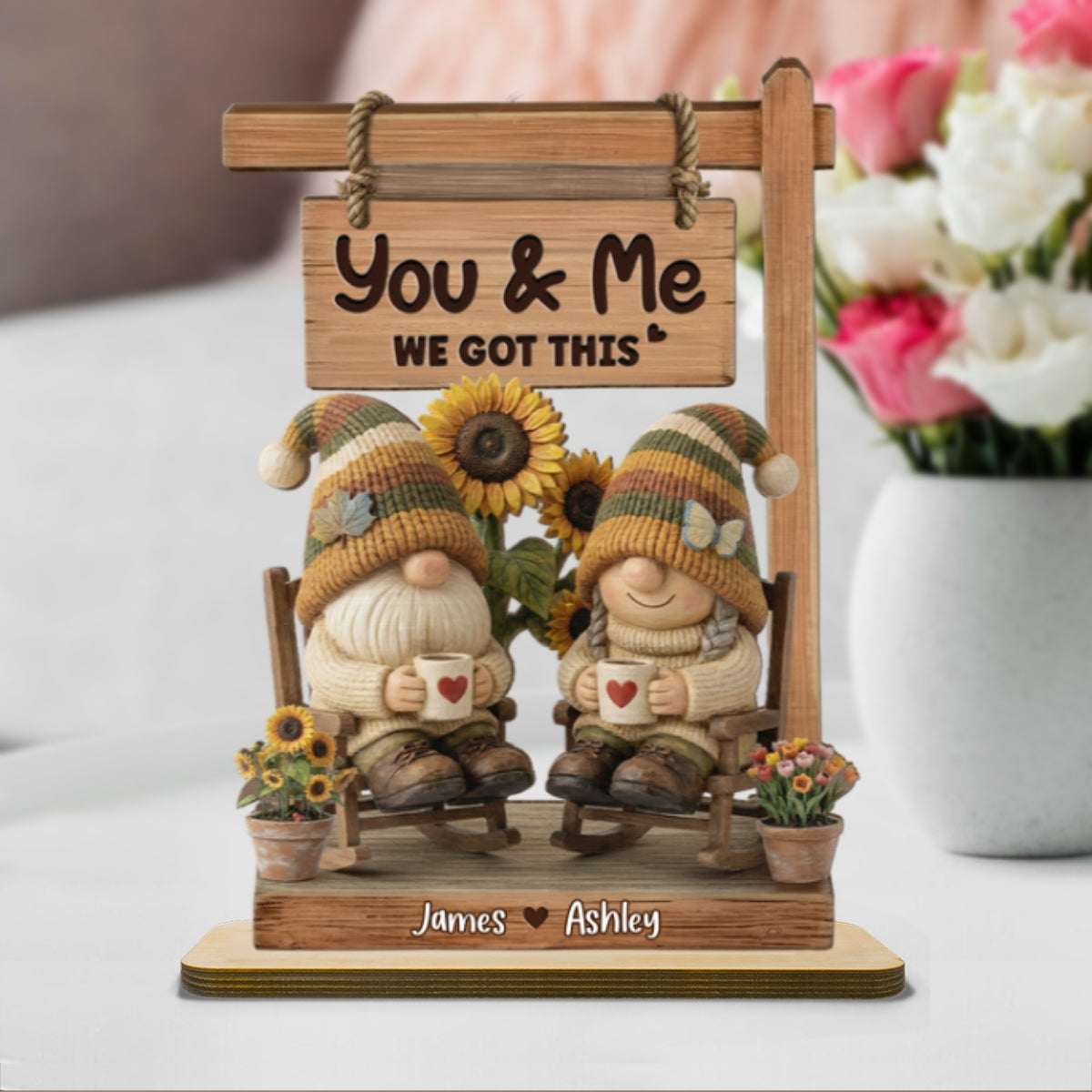 3D Effect Gnome Couple Sitting On Rocking Chair - Personalized 2-Layered Wooden Plaque - Perfect Valentine's Day Gift For Him, Gift For Her