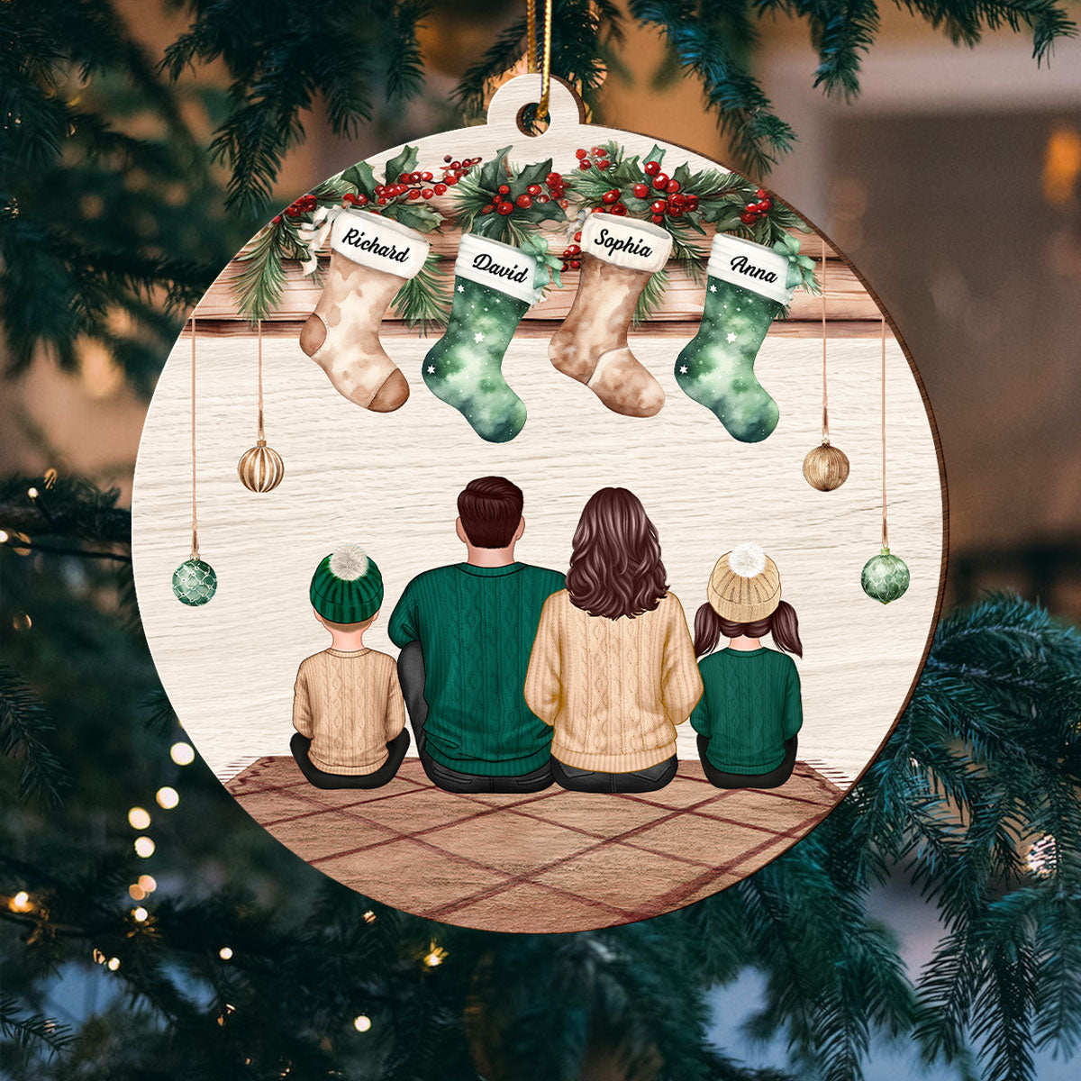Vintage Christmas Stockings Family Sitting Personalized Wooden Ornament, Christmas Gift For Family