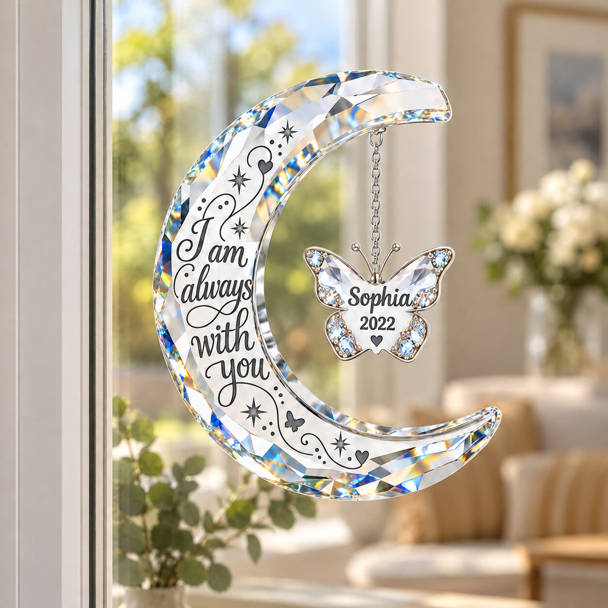 Always With You Memorial Crystal Moon & Butterfly Ornament 2D Flat - Personalized Decal - Sympathy Gift