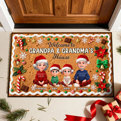 3D Effect Gingerbread Theme Welcome To Grandpa Grandma House Christmas - Personalized Doormat