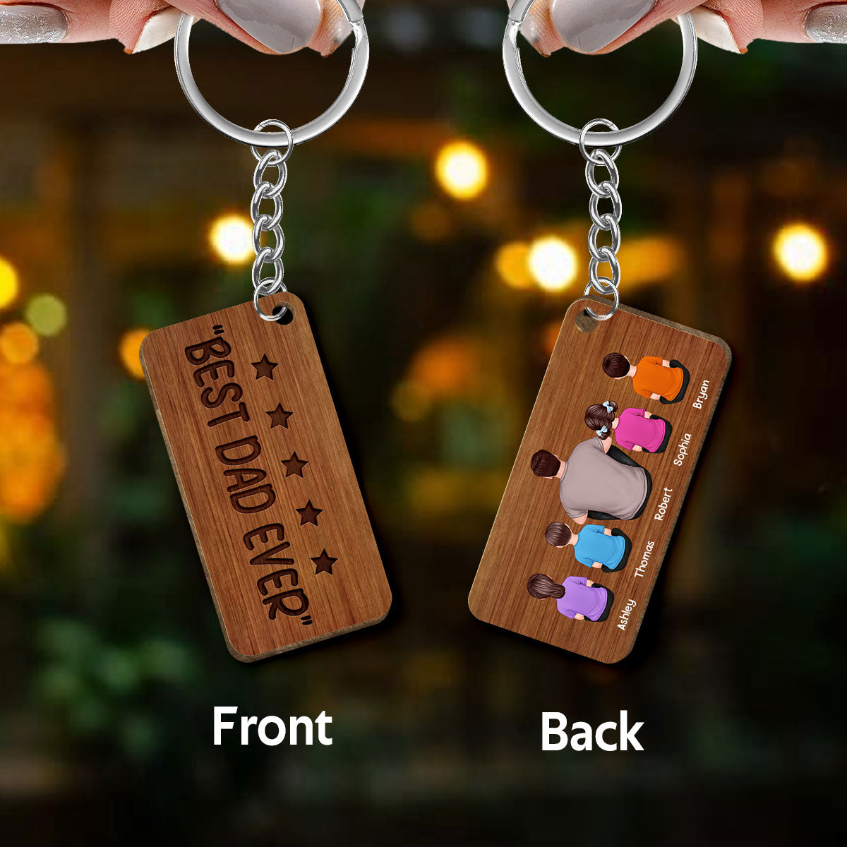 Five-star Dad Grandpa Back View Sitting Man Kid Dog Cat Personalized Wooden Keychain