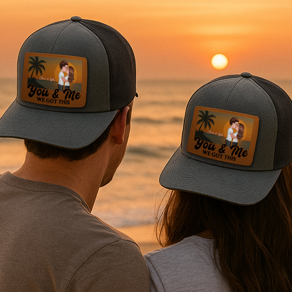 Retro Beach Summer Couple Kissing Personalized Leather Patch Hat