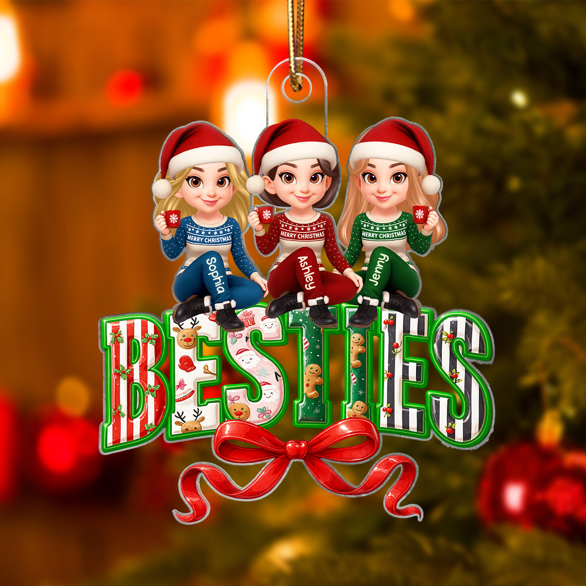 Besties Sisters Sitting on Text Personalized Acrylic Ornament, Christmas Gift for Best Friends, Sisters
