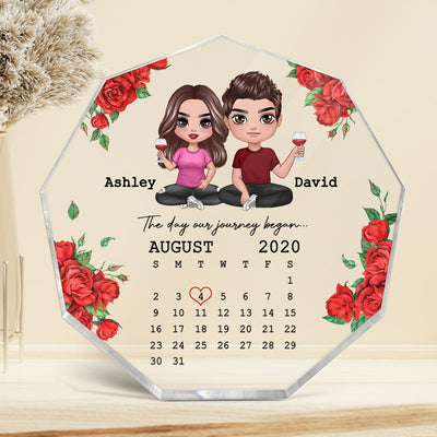 Rose Pattern Calendar Anniversary Date Doll Couple Sitting Gift For Him For Her Personalized Nonagon Acrylic Plaque