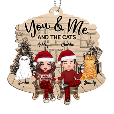 Couple And Fluffy Cats Front Porch Personalized Christmas Wooden Ornament