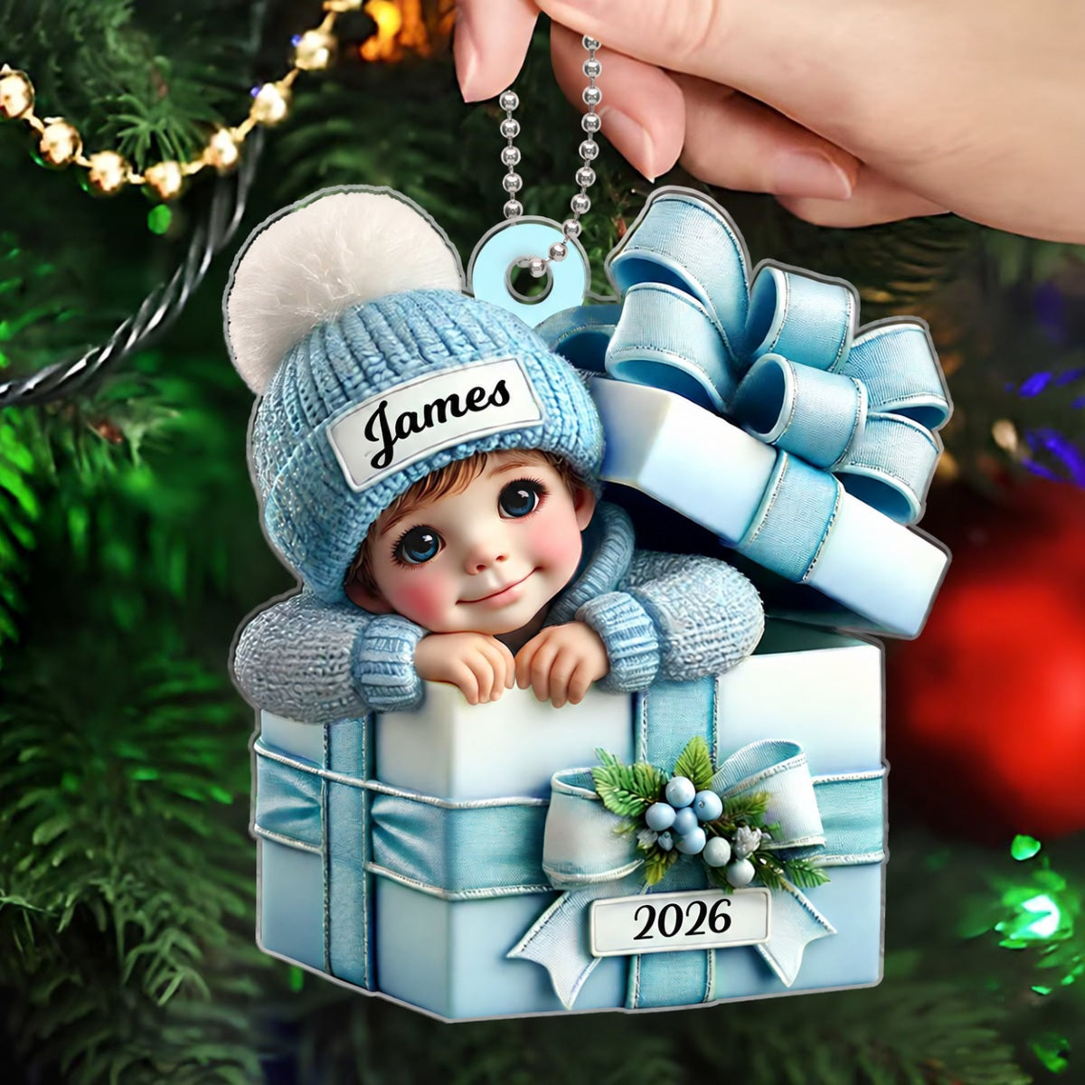 Kid Boy Girl Inside Gift Box - Personalized Acrylic Ornament - Christmas Gift for Children, Grandchildren
