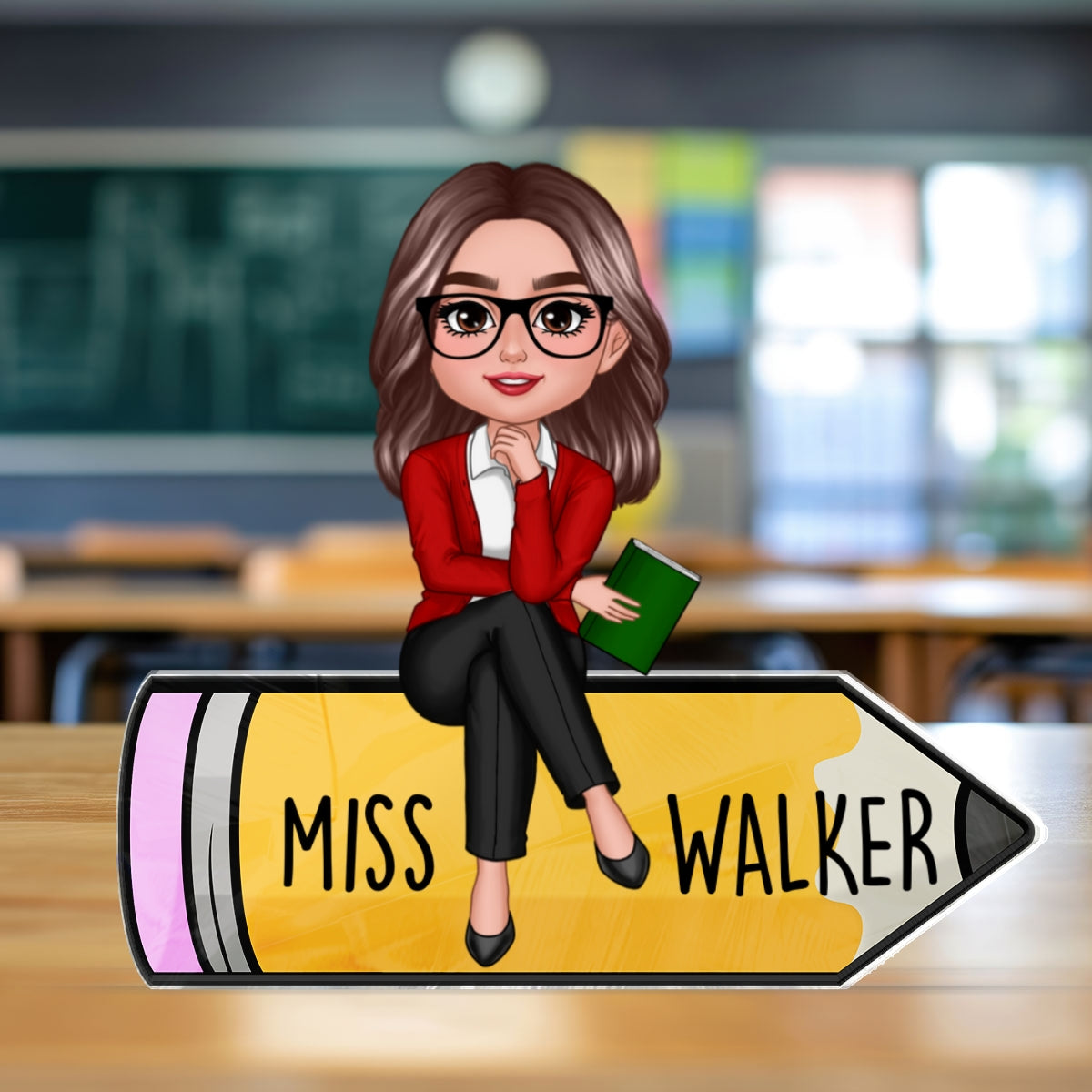 Doll Teacher Sitting On Pencil Personalized Acrylic Block Plaque
