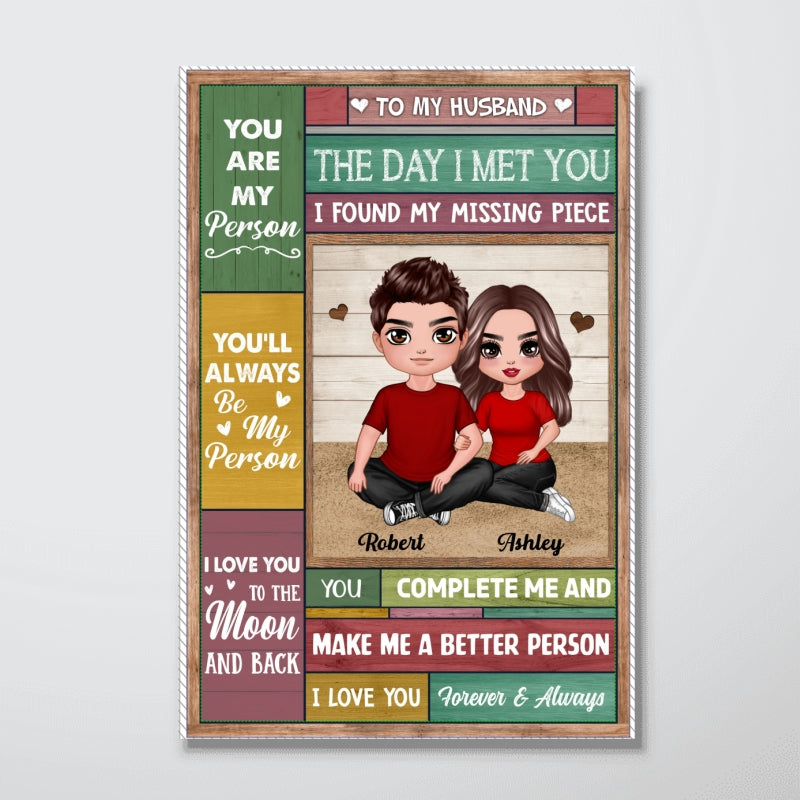 Doll Couple Sitting Wood Texture The Day I Met You Personalized Vertical Poster