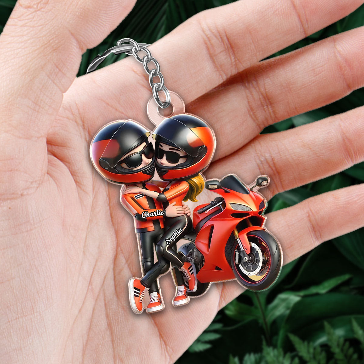 3D Effect Motorcycle Pretty Cartoon Couple Personalized Acrylic Keychain, Anniversary Birthday Gift For Him, For Biker Couple