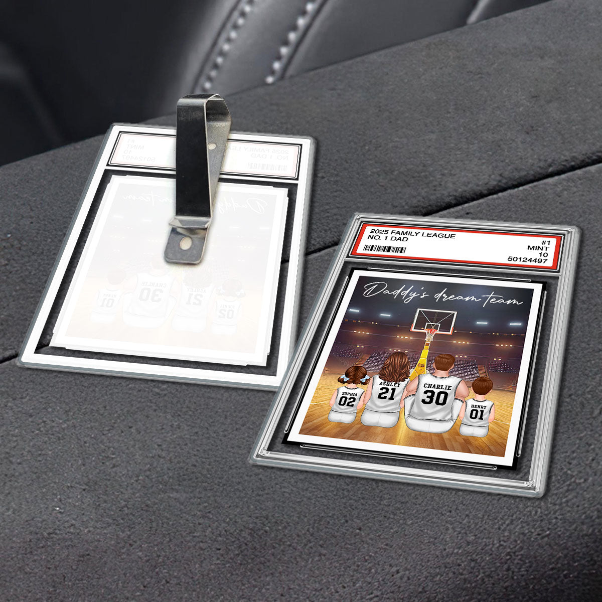 Basketball No. 1 Dad Man & Kids Sitting Trading Card Style Personalized Acrylic Car Visor Clip