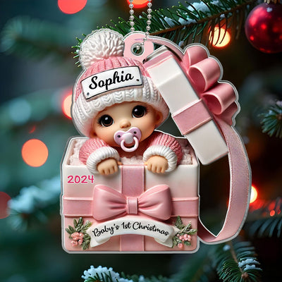 Baby Inside Gift Box 3D Effect - Personalized Acrylic Ornament - Lovely Keepsake to Celebrate Little Miracle, Christmas in July