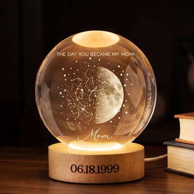 Custom Moon Phase and Star Map by Date - Personalized Crystal Ball LED Night Light - Mother's Day Gift for Mom, Wife