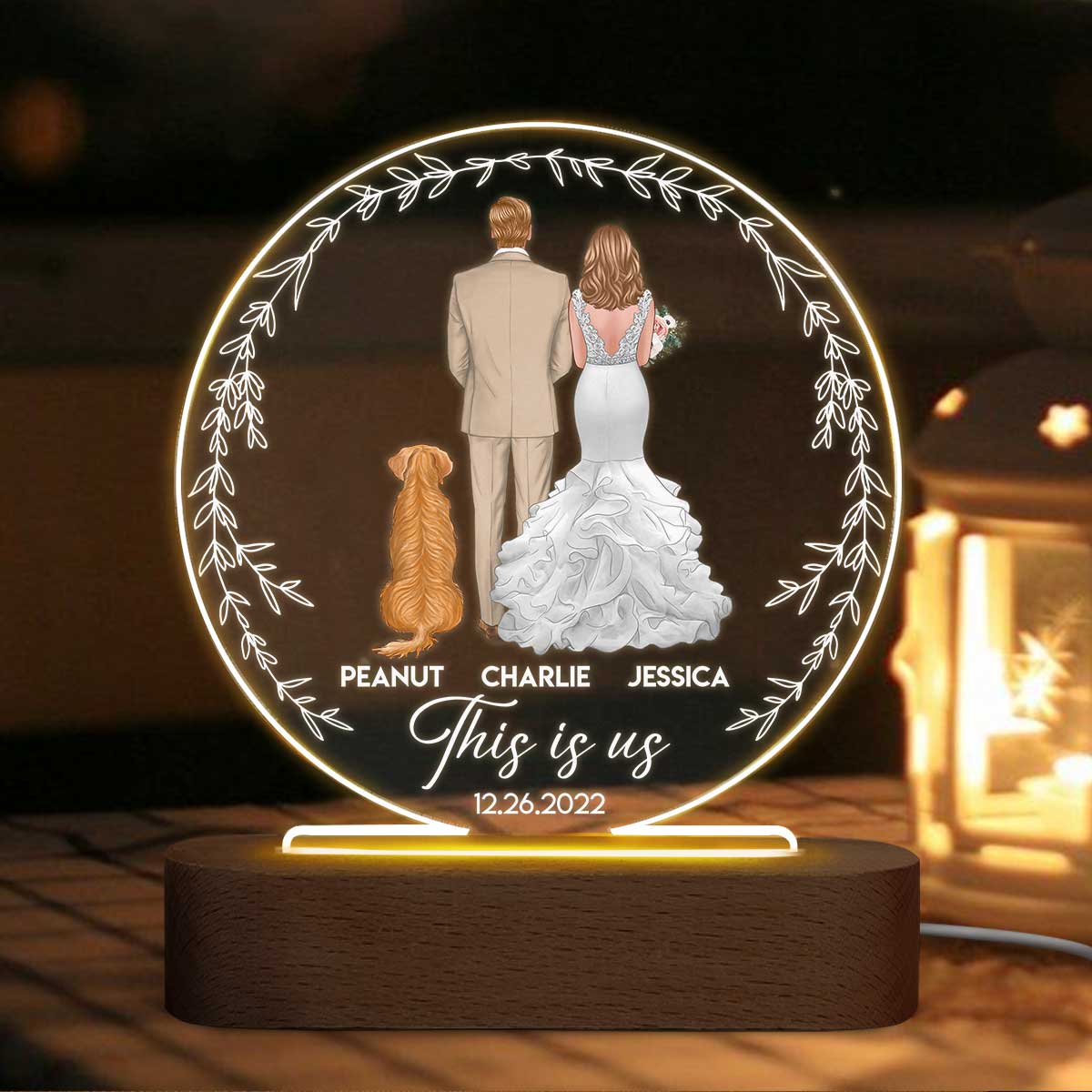 Back View Couple Groom & Bride With Dog Personalized Circle Acrylic Plaque With LED Night Light - New Wedding Gifts - Gifts for Couples - Engagement Gifts