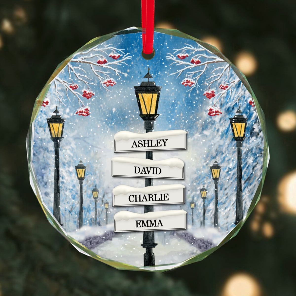 Winter Family Names Lamp Post Signs Christmas Glass Ornament, Christmas Gift For Family