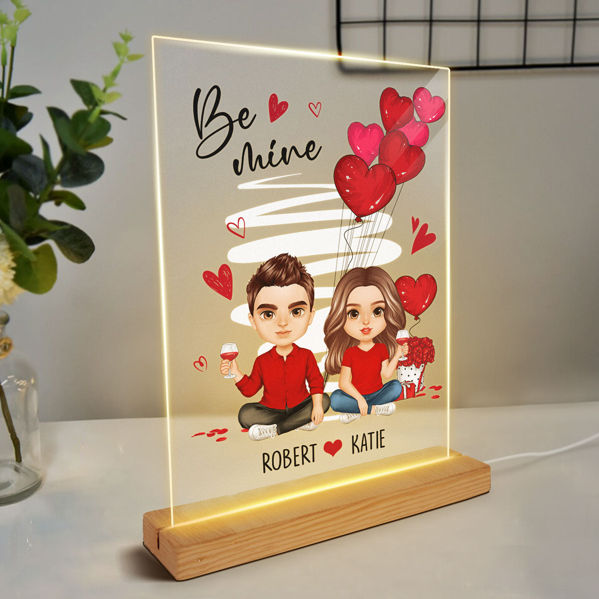 Be Mine Doll Couple Sitting Realistic Personalized Plaque LED Night Light