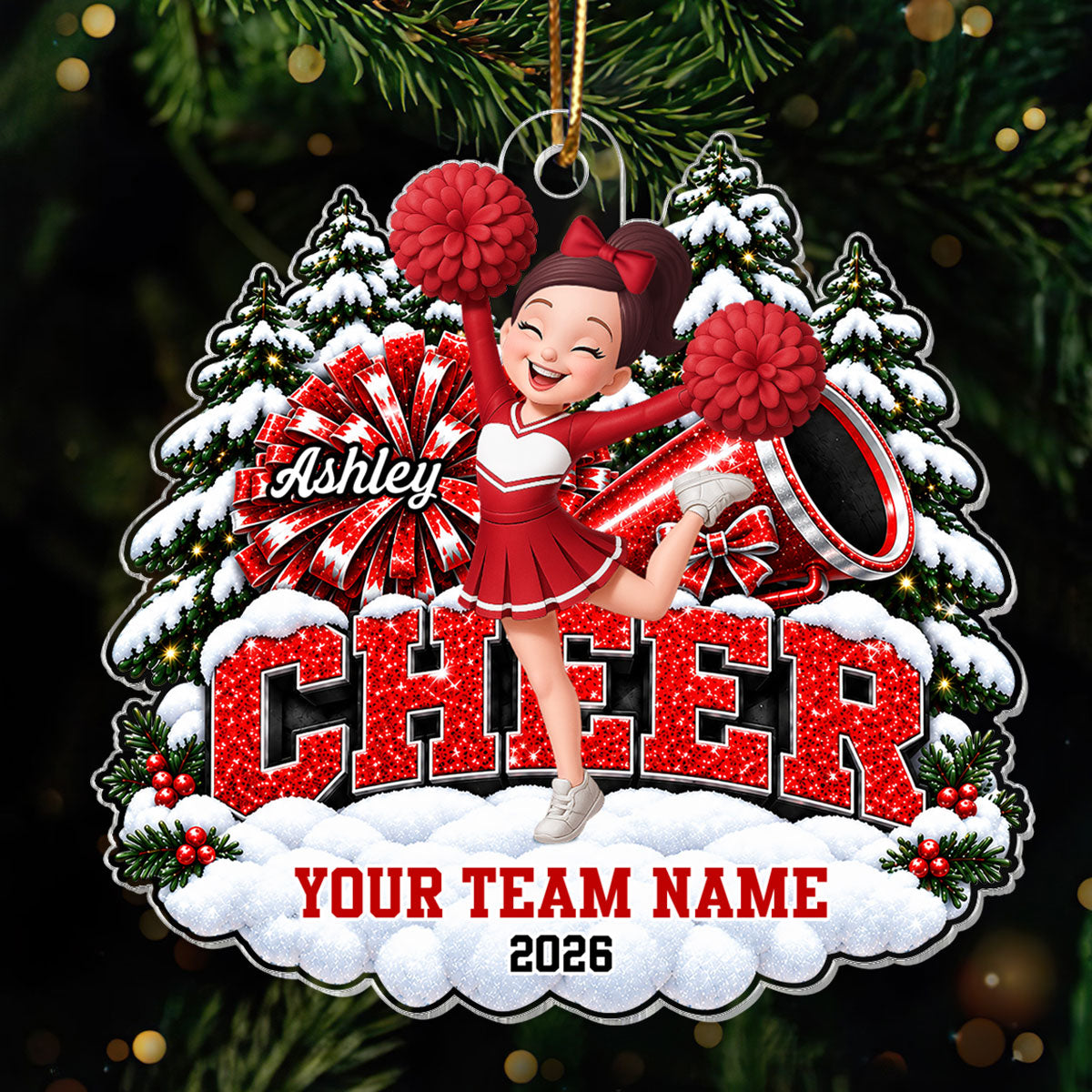 Christmas Cheerleader With Pom Poms - Personalized Acrylic Ornament - Christmas Gift For Cheerleaders, Cheer Teams, Girls