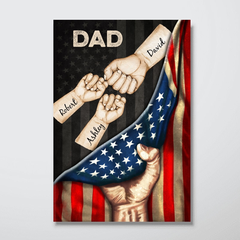 Daddy's Team Fist Bump Hand Pulling American Flag Personalized Poster, Father's Day Gift for Dad, for Grandpa, for Husband