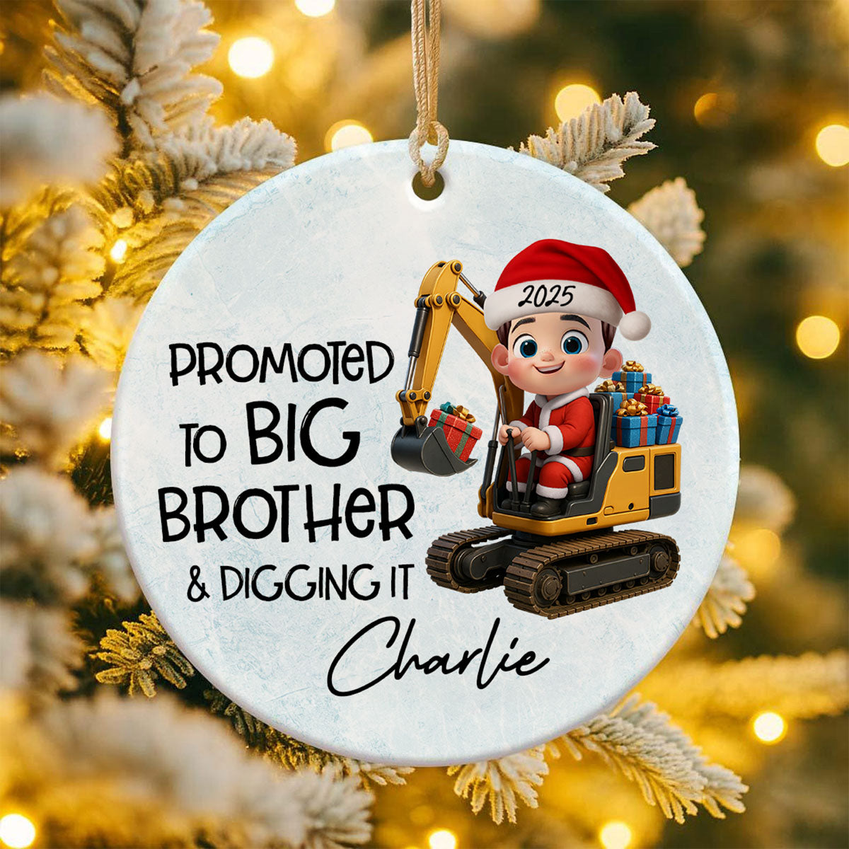 Promoted To Big Brother & Digging It Kid Driving Excavator - Personalized Ceramic Ornament - Proud New Big Brother Gift