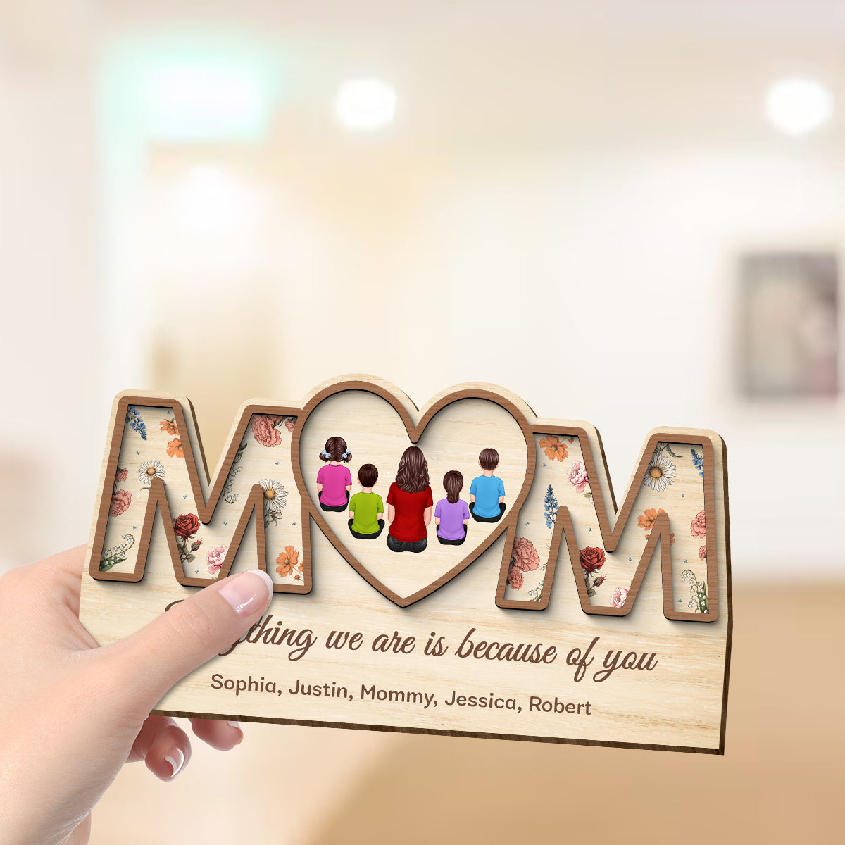 Custom Birth Month Flowers MOM Hearts Personalized 2-Layer Wooden Plaque