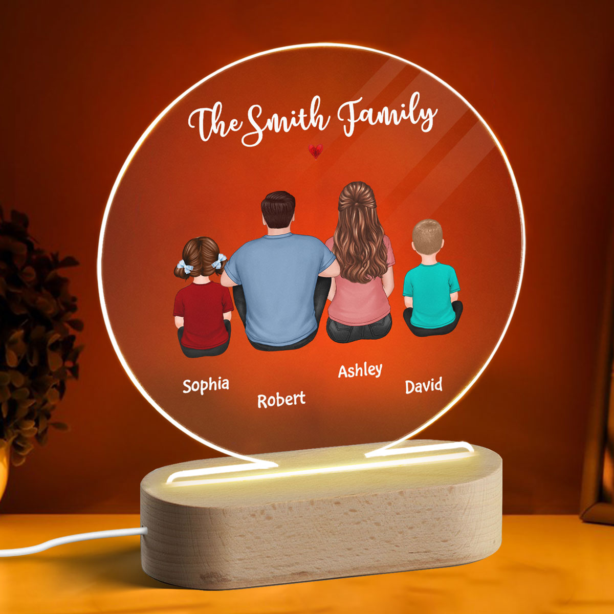 Whole Back View Family Couple Dad Mom Kids Dogs Cats Personalized Circle Acrylic Plaque LED Lamp Night Light