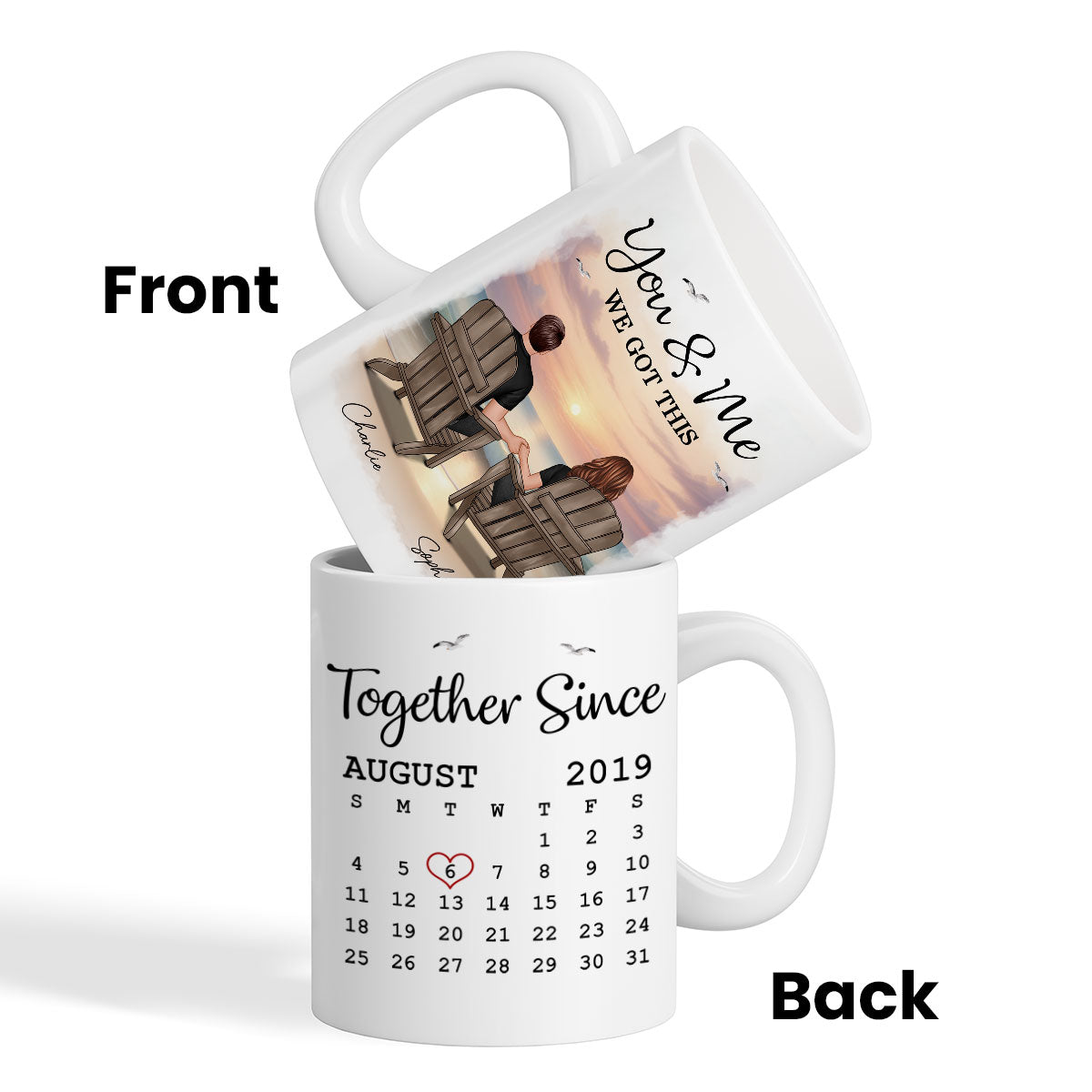 Eternal Sunset Beach Couple Back View Anniversary Calendar Personalized Mug,  Gift, Anniversary Gift For Him, For Her