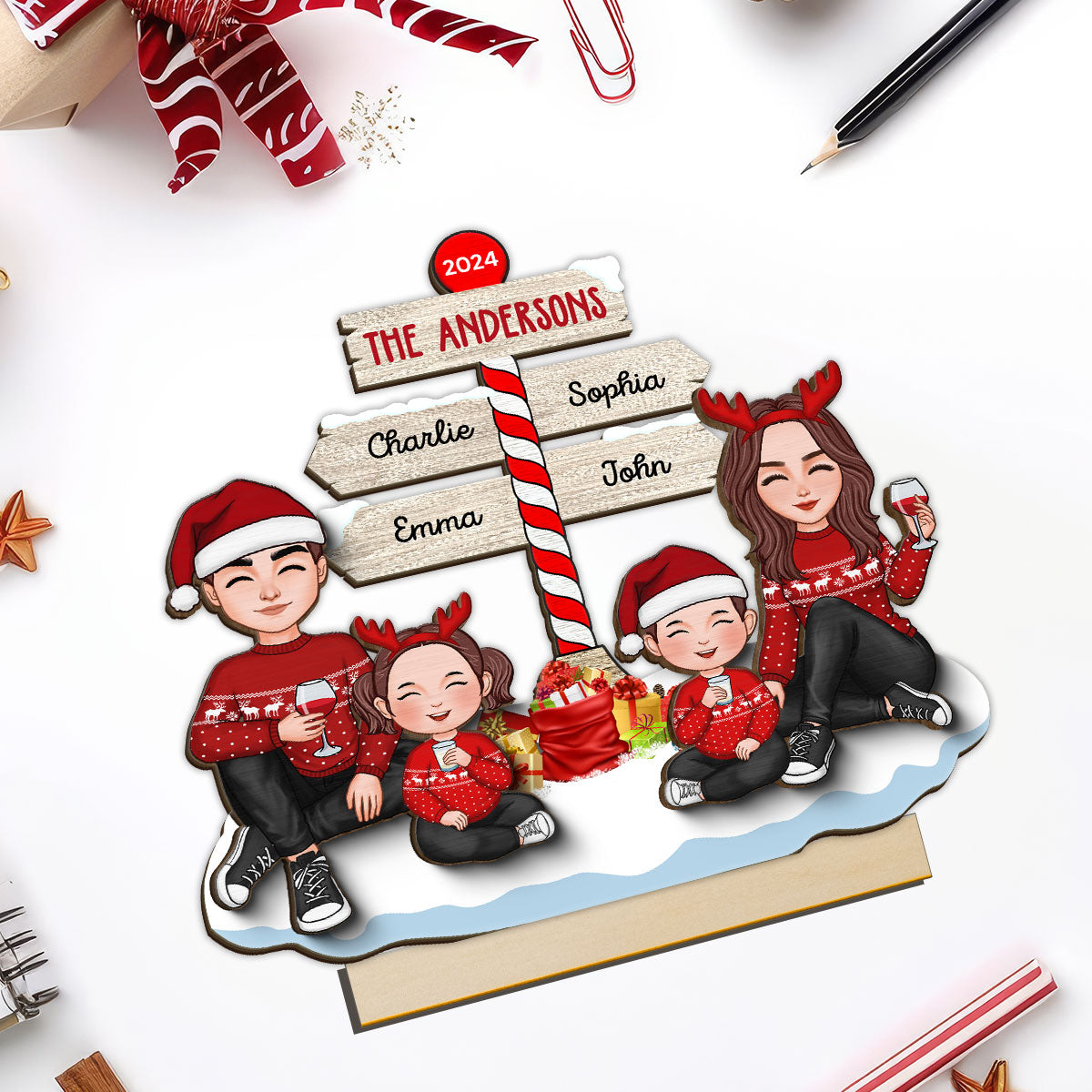 Cute Family Dad Mom Kids Sitting Christmas North Pole Personalized 2-Layer Standing Wooden Plaque