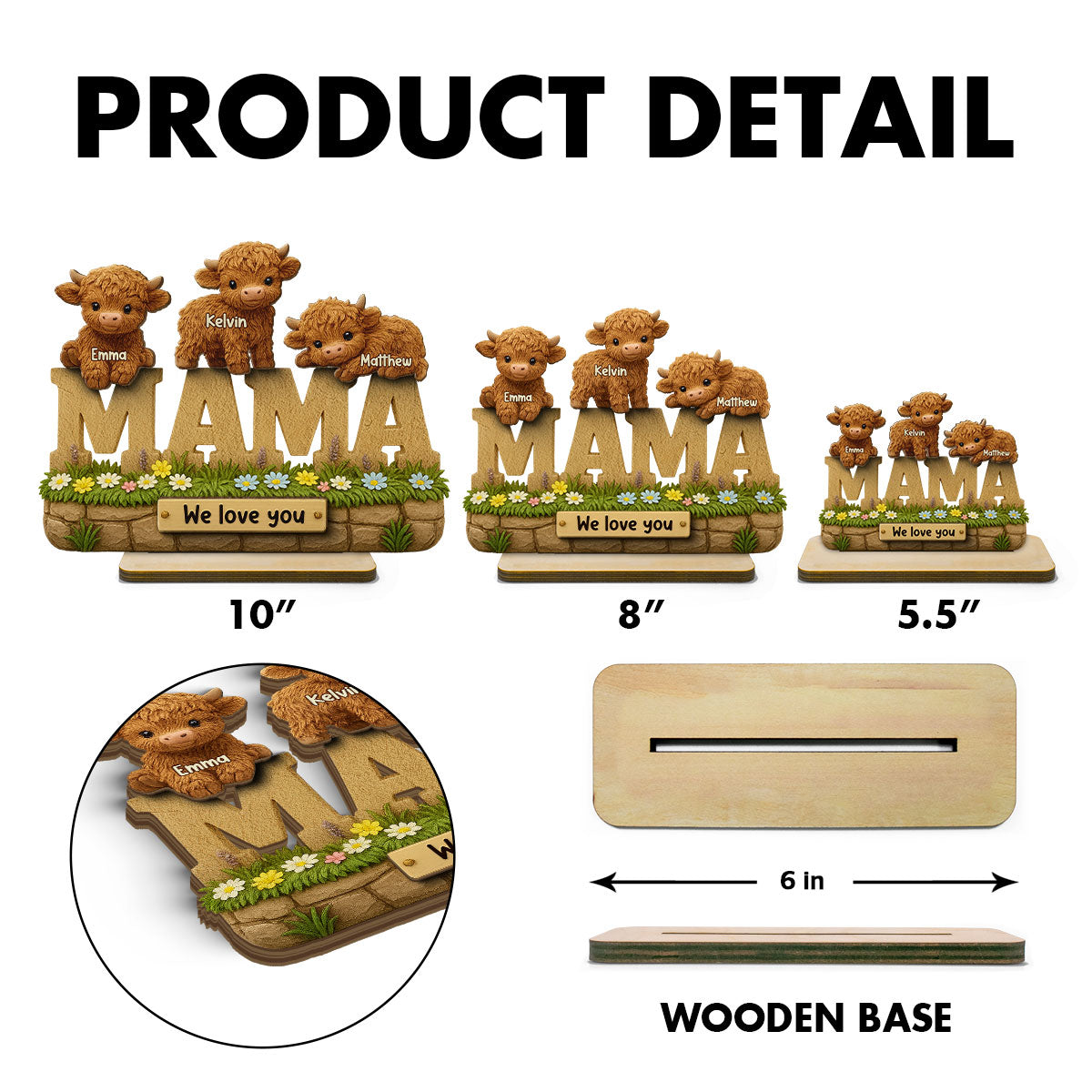 3D Effect Mama Cute Highland Cow Kids Names Personalized 2-Layer Standing Wooden Plaque, Unique Gift For Mom, Grandma