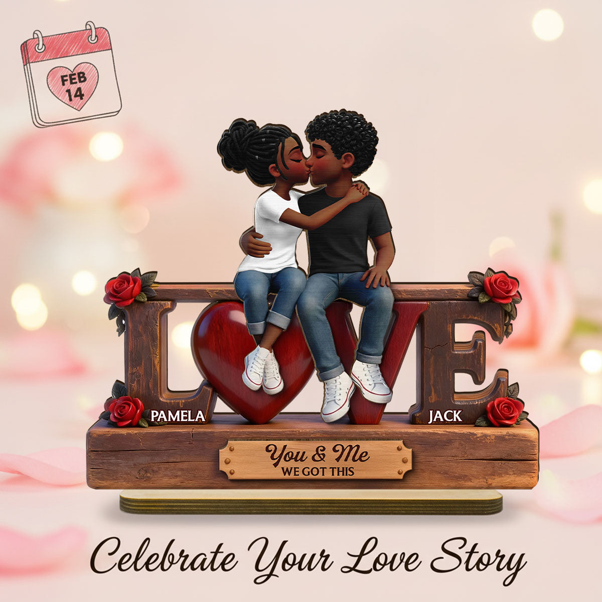 Roses LOVE Couple Sitting Kissing - Personalized 2-Layered Wooden Plaque - Heartfelt Gift For Couple, For Him, For Her