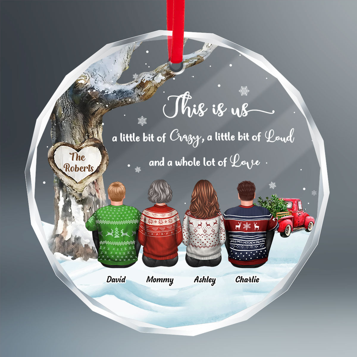 Family Sitting Back View Under Tree Red Truck Winter Personalized Glass Ornament