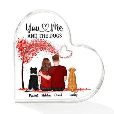 Couple Sitting Back View You Me & The Dog Cat Pets Personalized Heart Plaque