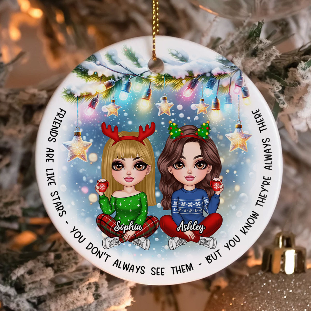 Besties Christmas Tree Light Star Personalized Circle Ceramic Ornament